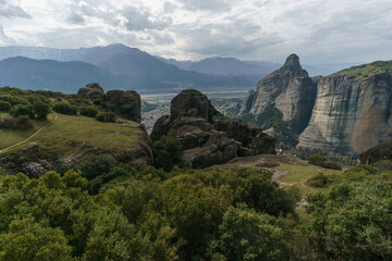 Scenic view of landscape of the famous rock formations of Meteora, Kalambaka, Thessaly, Greece