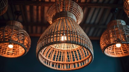 Obraz premium Wicker basket chandelier hanging from the ceiling