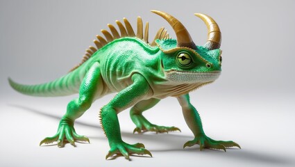 Obraz premium Horned chameleon in frontal position, on a white surface