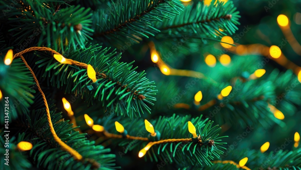 Poster close-up view of the branches of a faux green tree adorned with a string of yellow lights. festive b