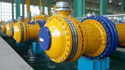 Industrial Water Management System with Yellow Pump Valves in Modern Facility