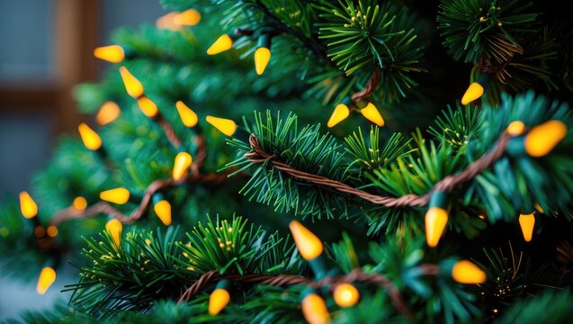 Detailed shot of an artificial green tree's branches featuring a garland of yellow lights. Holiday scene