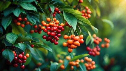 Obraz premium Detailed view of bright red and orange cherries suspended on a branch amidst green foliage in a flourishing garden environment.