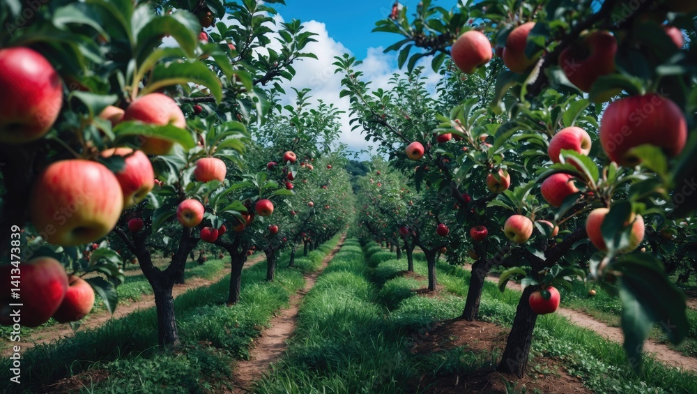 Poster apple orchard featuring red ripe apples on branches.