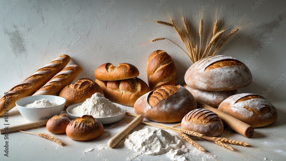 Poster selection of different delightful freshly baked loaves and flour components on a white surface, prov