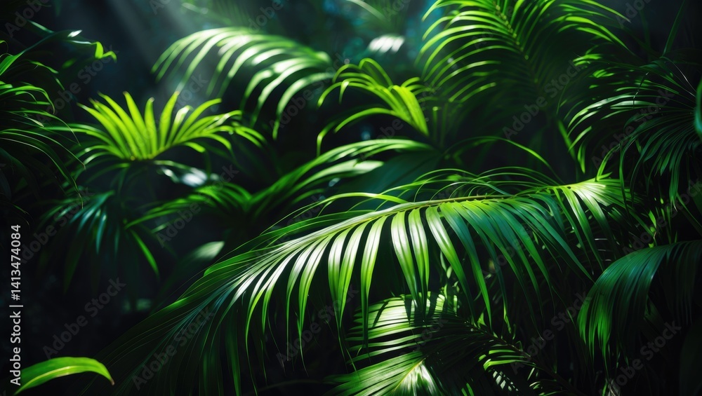Poster close-up view of a tropical palm leaf with shadows, creating an exotic abstract background of natura