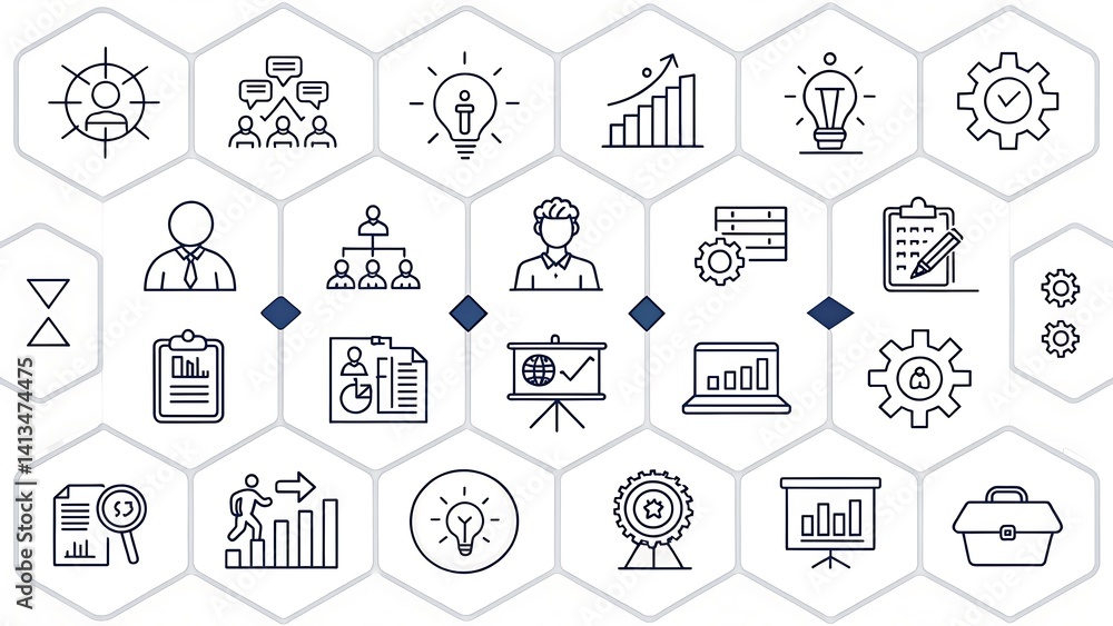 Poster business icons arranged in a honeycomb pattern representing various business and management concepts