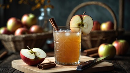 Fototapeta premium Apple juice glass with apples and cinnamon sticks.