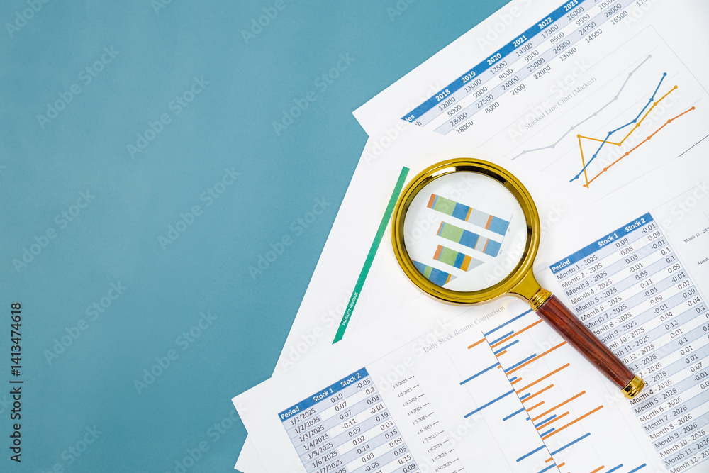 Wall mural analysis of financial data with charts and graphs under a magnifying glass on a blue background