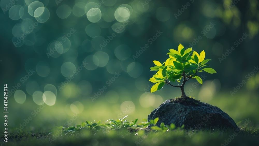 Poster dark green blurred background featuring bokeh effect and a small tree emerging from a rock in the bo