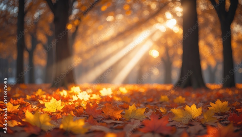 Poster Natural bokeh backdrop of autumn trees in the park with space for text