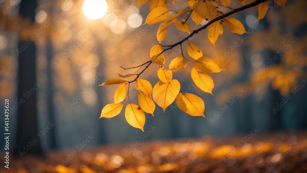 Poster sunlit autumn foliage and hazy trees