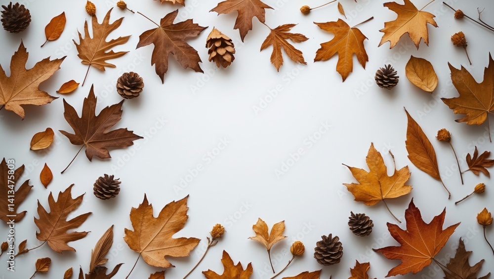 Poster fall design. framework composed of desiccated leaves on a white background. top-down perspective, em