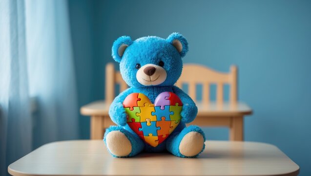 Concept of Awareness Day with teddy bear and puzzle heart