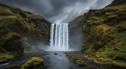 Fototapeta premium Spectacular waterfall flows powerfully through a green valley under a dramatic, cloudy sky in iceland.
