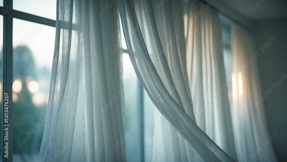 Poster illuminated window adorned with white curtains in a room