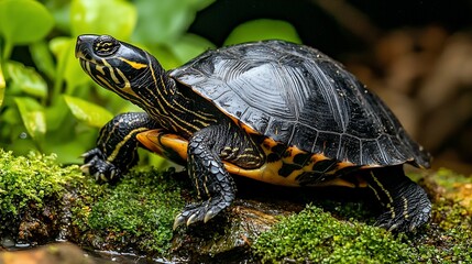 A striking turtle with a black shell, yellow stripes, and orange accents rests on mossy rocks near water