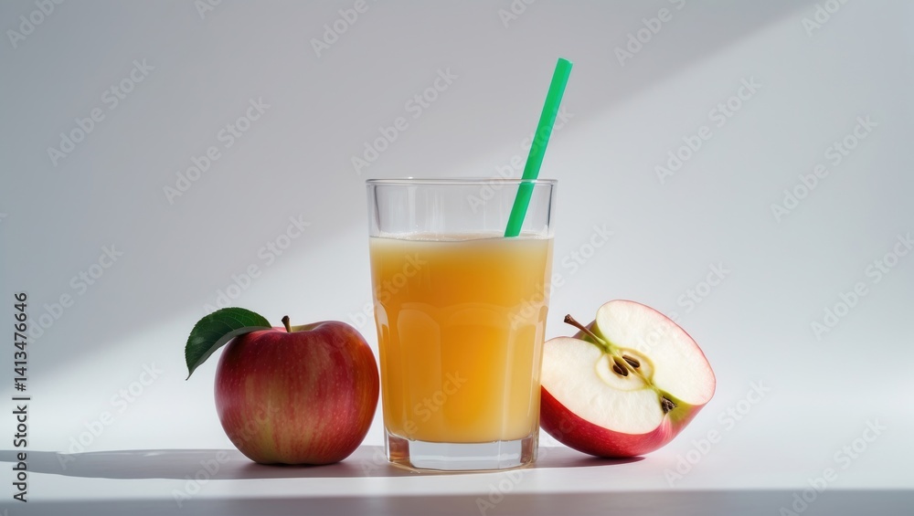 Poster glass of apple juice set against a plain background