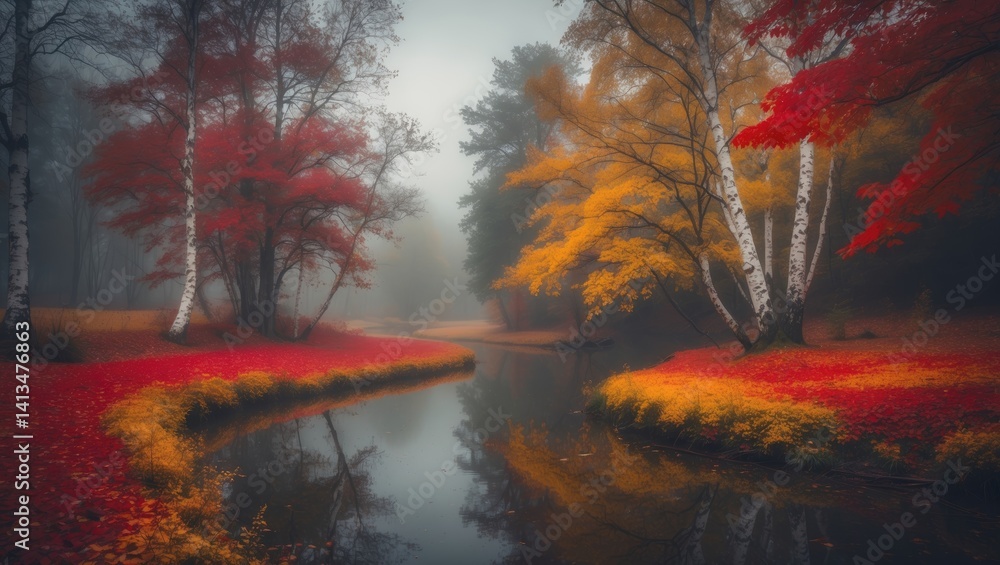 Poster Scenic autumn forest view with yellowed oak trees by a small river in foggy conditions