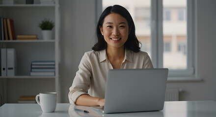 A confident and approachable Asian female content creator working from her bright, minimalist home office. Her direct gaze and smile create a connection with the viewer.