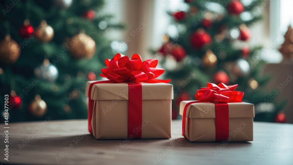 Poster table adorned with gifts wrapped in red ribbon, focusing closely with a tree backdrop.