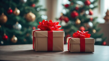 Fototapeta premium Table adorned with gifts wrapped in red ribbon, focusing closely with a tree backdrop.