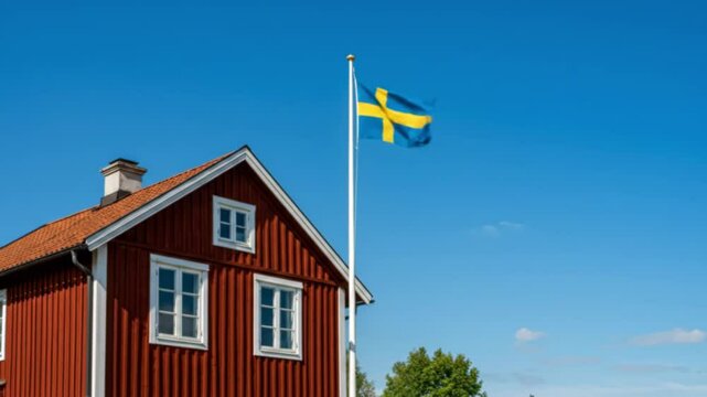 Traditional red Swedish cabin Stuga with national flag against blue sky. Close up of typical Swedish summer house architecture. National flag of Sweden on flagpole. National Day of Sweden. 6th June