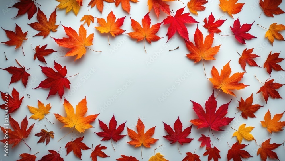 Poster Autumn maple foliage on a blank white surface with text space.