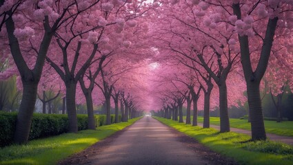 Naklejka premium Pathway lined with flowering trees