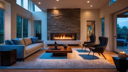 Elegant living room space with wooden floors and a crackling fireplace, including a glimpse of the entrance and front door.
