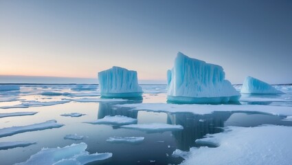 Winter landscape of the Arctic, chilly sun above icy hummocks on a snowy lake