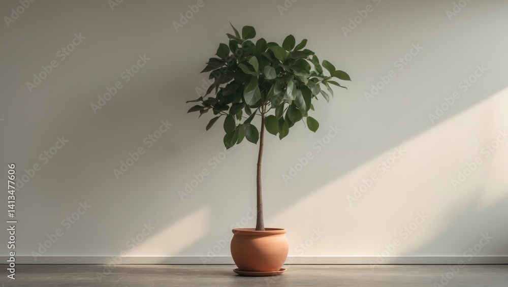 Poster potted ficus tree on the floor in a minimalist setting