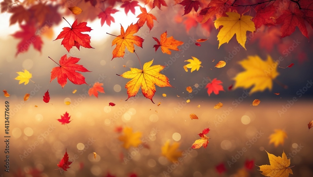 Poster design, banner or template showcasing a natural autumn background with flying and falling yellow and