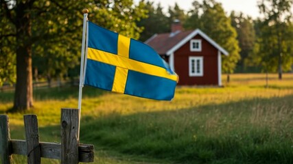 Swedish flag waving gently in the wind at sunset in the countryside. Traditional red wooden house stuga in idyllic rural landscape. Peaceful summer evening in Sweden. National Day of Sweden. 6th June.