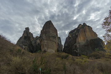 Scenic view of landscape of the famous and majestic rock formations of Meteora under a cloudy sky, Kalambaka, Thessaly, Greece