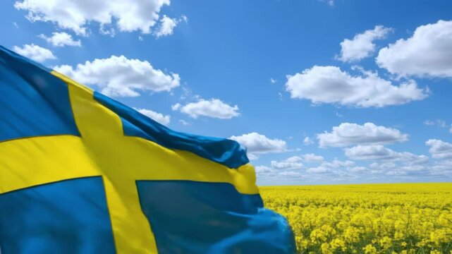 Swedish flag waving gently over a vibrant yellow rapeseed field. Sunny summer day in Sweden with blue sky and clouds. National flag of Sweden fluttering in the wind. National Day of Sweden. 6th June.