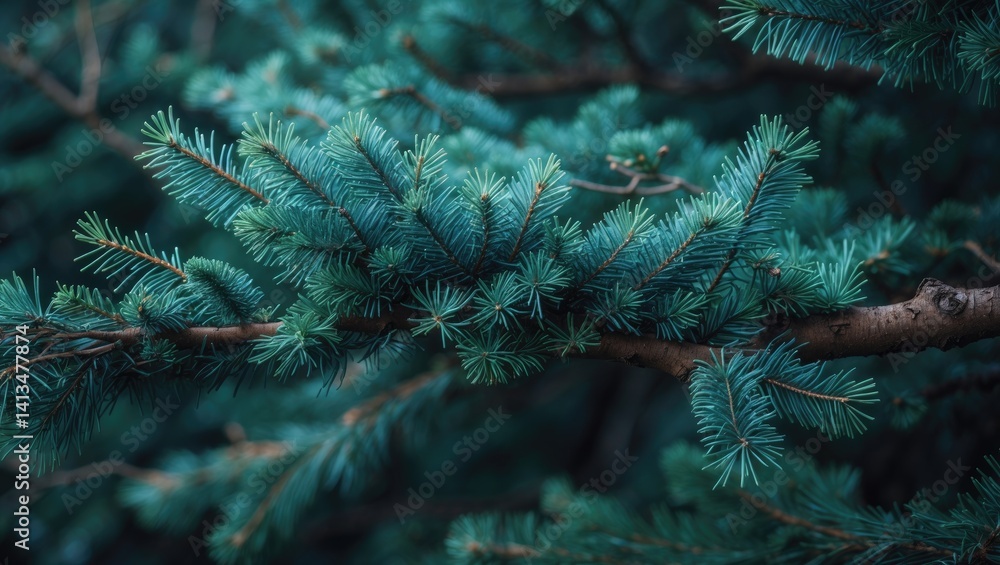 Poster close-up of a fluffy fir tree branch. background of branches.