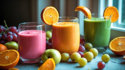 Fototapeta premium Glasses Filled with Various Juices and Fresh Fruits