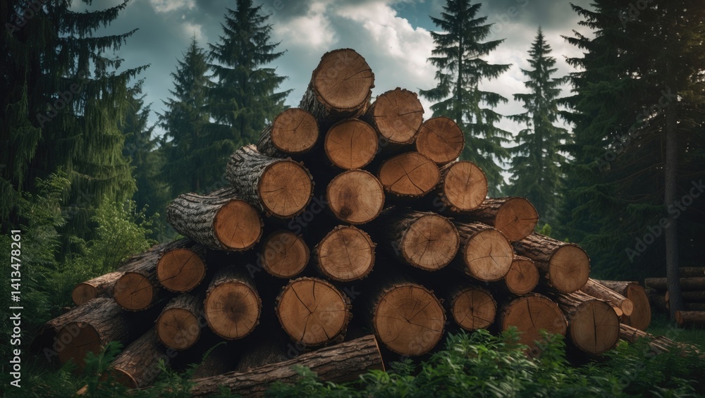 Poster square format image of felled tree trunks in a forestry industrial setting