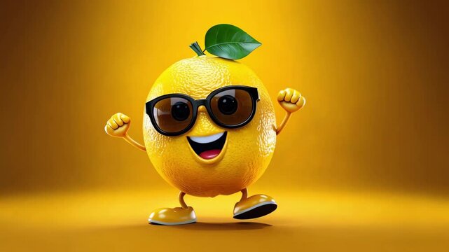 Happy Dancing Cartoon Lemon Character on a Yellow Background 
