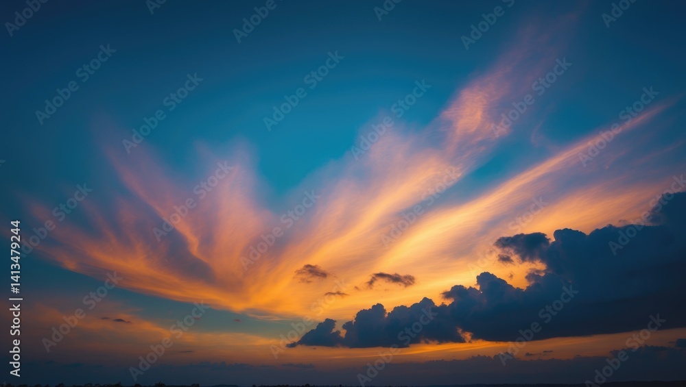 Poster stunning colorful sky illuminated by the sun creating radiant golden hues. thick clouds in the dusk 