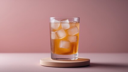 Frosted pink chamomile omija tea. Refreshing iced drink. Vertical design, empty area.
