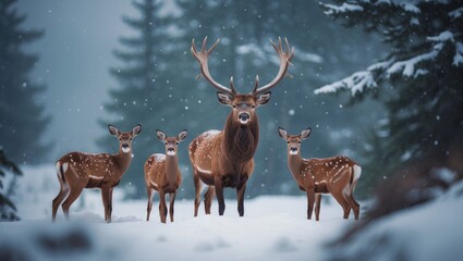 Obraz premium Family of majestic deer amidst a picturesque winter snow forest landscape.