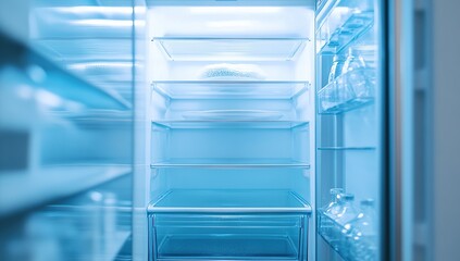 The interior of the refrigerator is empty, with clear shelves and an open door
