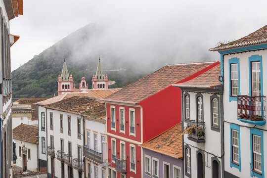 Terceira Island, Azores, Portugal. Colorful buildings and church in Angra do Heroismo.