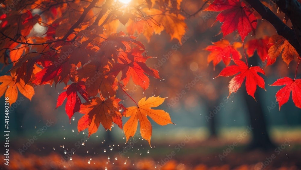 Poster brightly colored autumn leaves dancing in the breeze. fall backdrop with a colorful hue. sun flare i