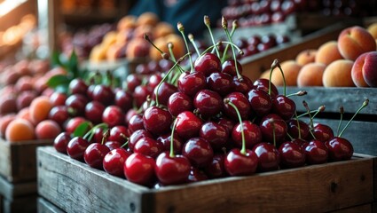 Seasonal healthy food: fresh red cherries in a wooden box at the market, emphasizing organic and ecological concepts.