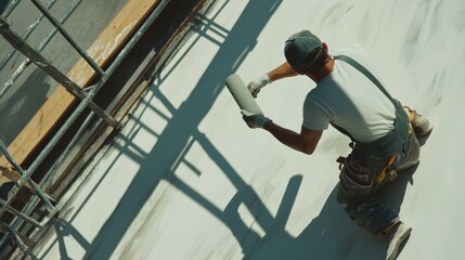 Construction worker applying paint to the exterior of a building. Featuring exterior finishing and painting