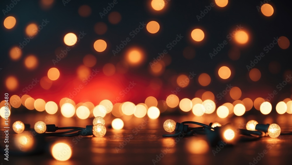 Poster abstract background featuring bokeh christmas lights in red and fire orange on a dark background, mo