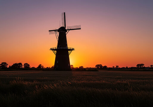 Silhouette of a windmill at sunset over a farm landscape